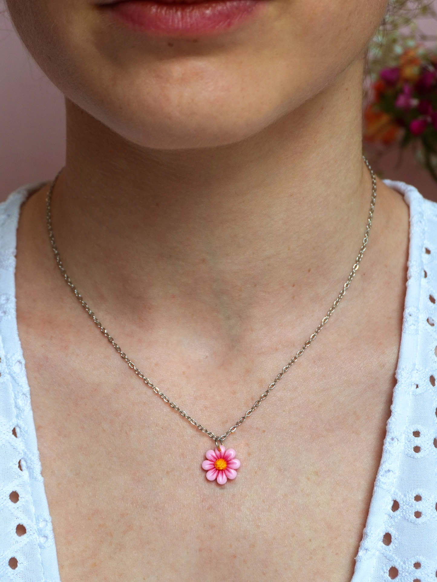 Collier pendentif fleur - rose